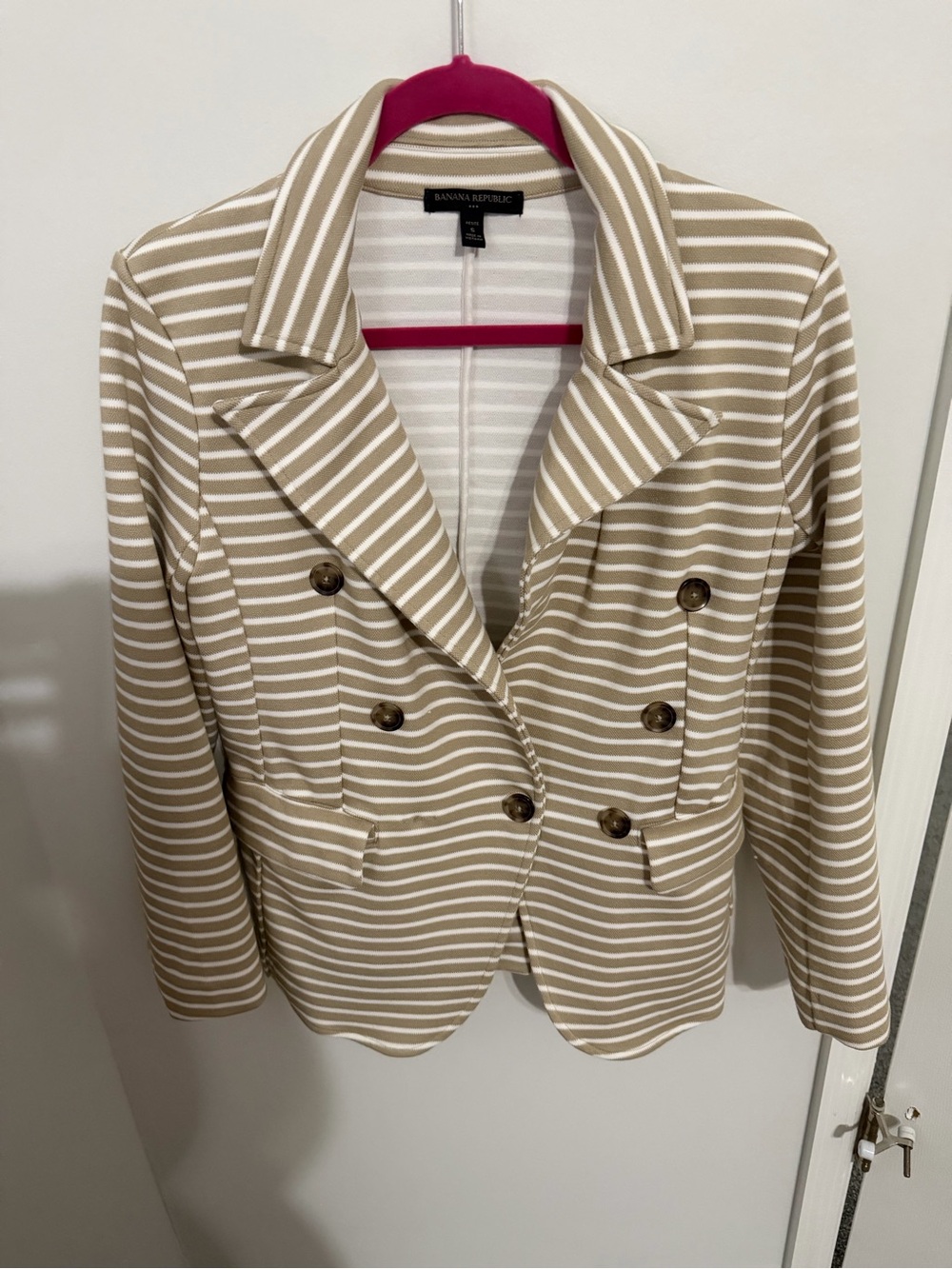 Banana Republic Beige and White Striped Double-Breasted Blazer